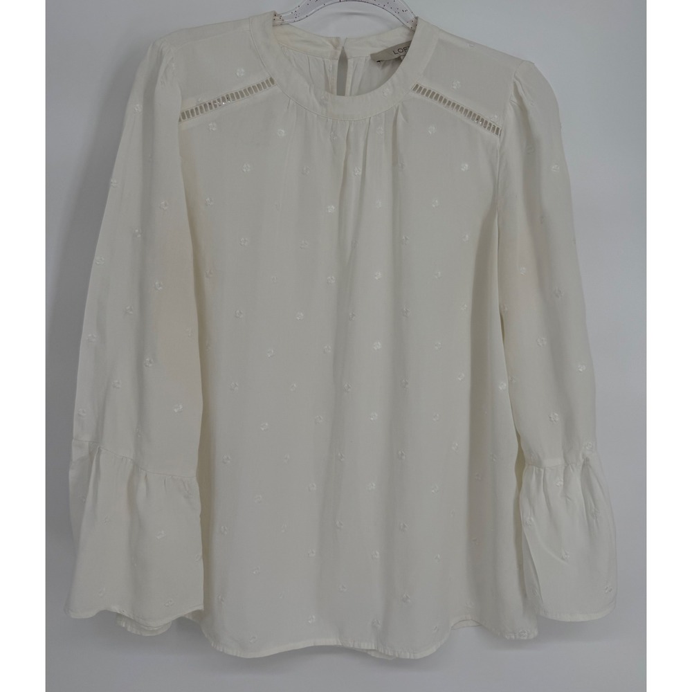 LOFT Cream Swiss Dot Blouse Long Flounce Sleeve Ladder Lace Rayon Top Sz M